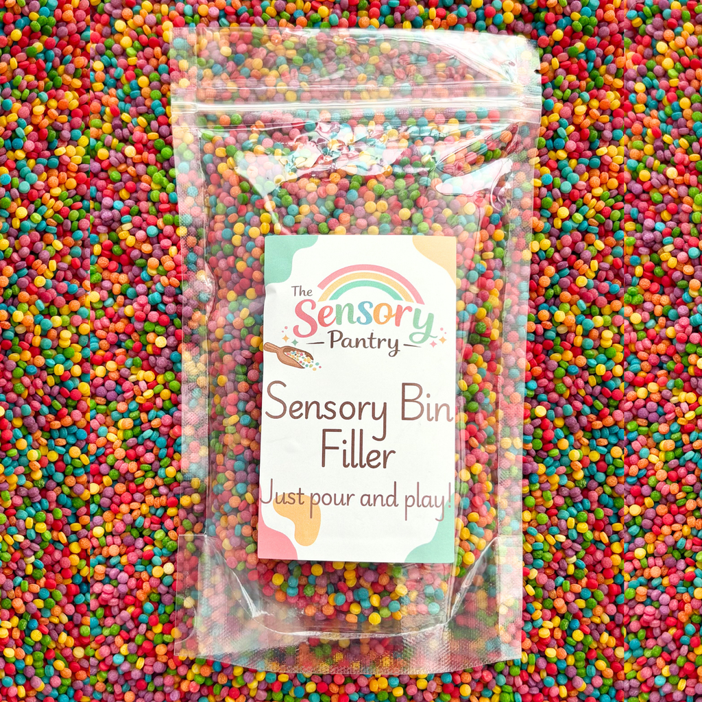 Packaged sensory bin filler with a label on a colorful background